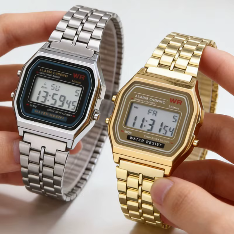 Montre numérique en métal pour hommes et femmes, luxe, LED, acier inoxydable, or, argent, électronique, mode business