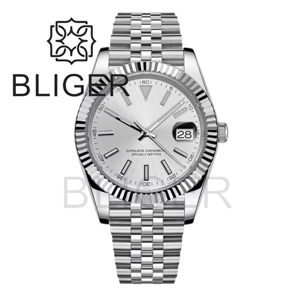 BLIGER 36mm/39mm montre DJ pour hommes lunette cannelée verre saphir étanche en acier inoxydable fermoir Glidelock cadran lumineux Sunburst