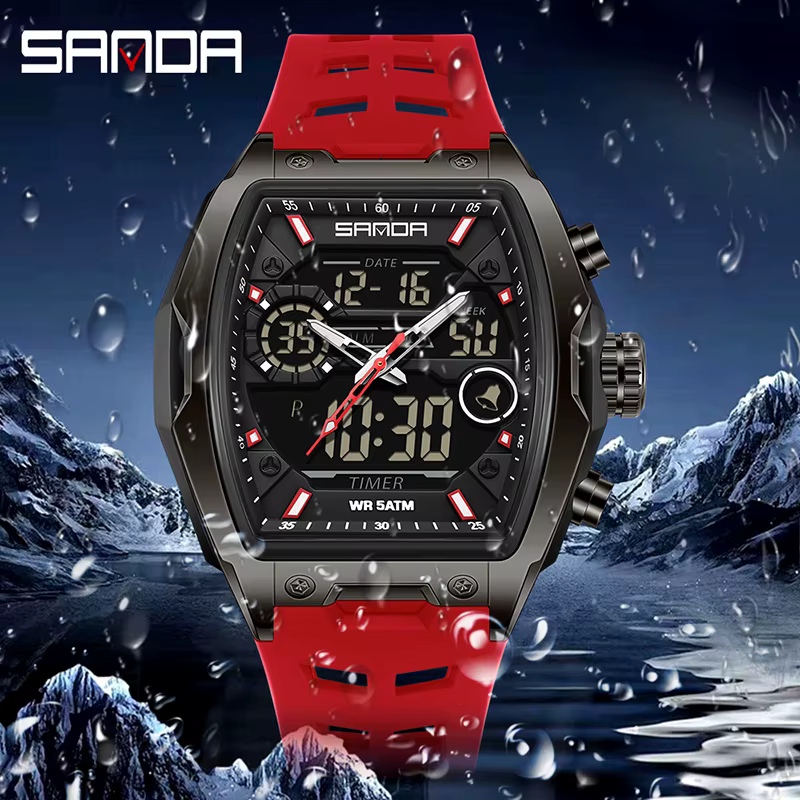 SANDA double affichage montre électronique baril grand cadran sport LED analogique numérique chronographe militaire montre-bracelet relogio masculino