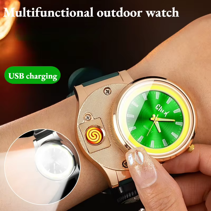 Briquet de montre rechargeable avec boussole – Montre-bracelet multifonctionnelle, allume-cigare créatif pour couple, coffret cadeau pour offrir
