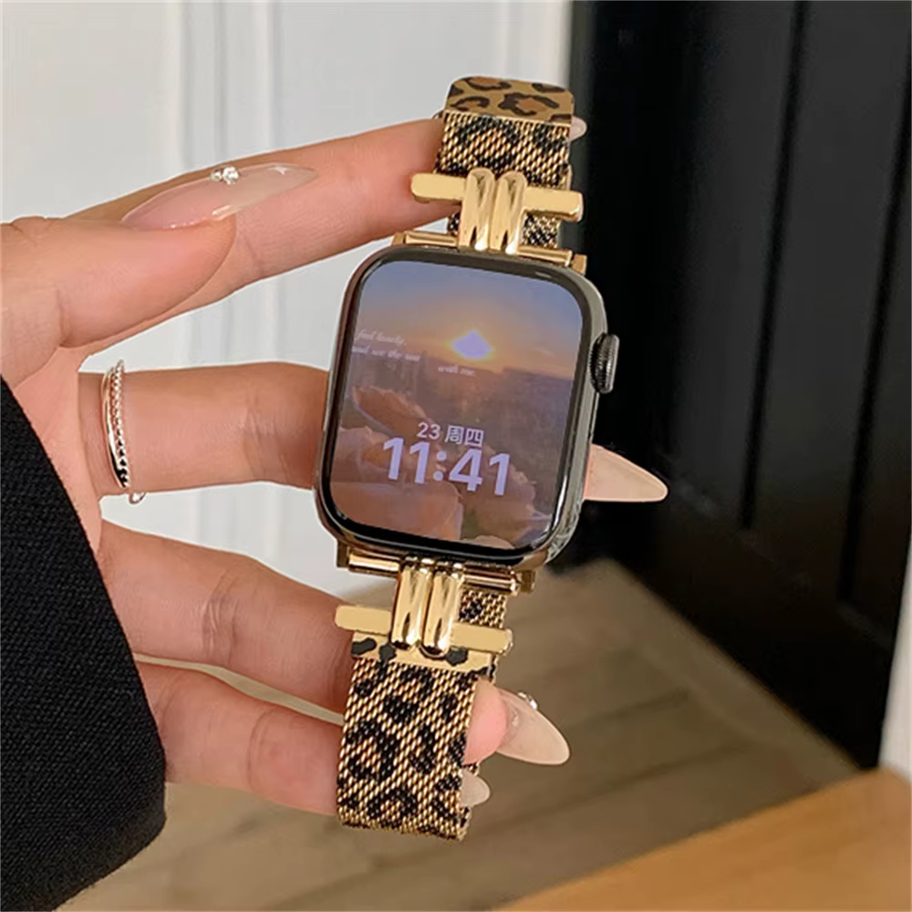 Bracelet femme imprimé léopard pour iWatch 38 42 41mm pour Bracelet de montre Apple série 8 Ultra SE 7 6 5 40 44 45mm Bracelet en acier inoxydable