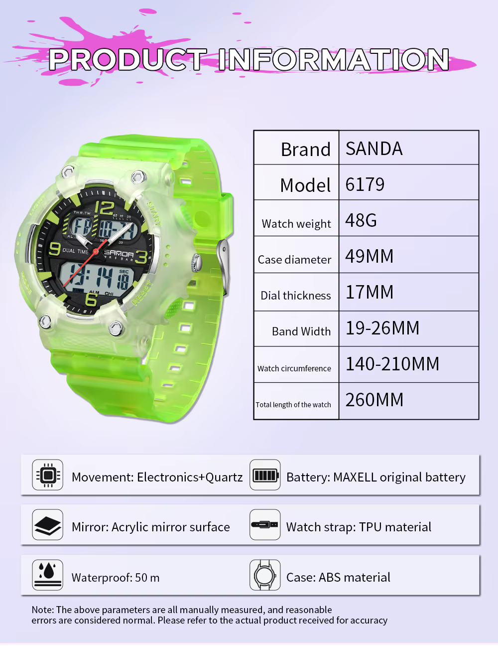 SANDA 6179 nouveau femmes Sport Quartz montre électronique double affichage multi fonctionnel LED veilleuse étanche
