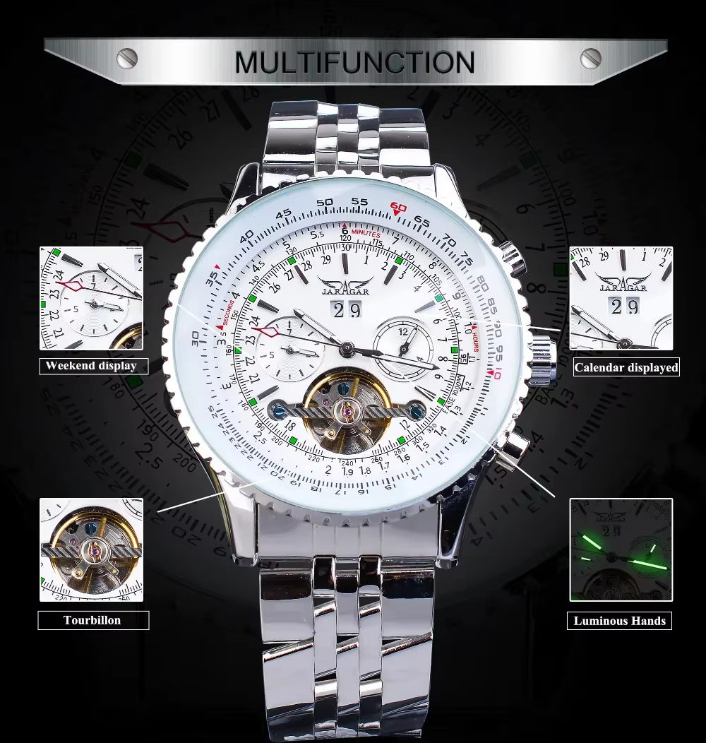 JARAGAR 034 montre à grand cadran pour hommes pilote militaire Date mois affaires multifonction automatique mécanique Tourbillon montre-bracelet
