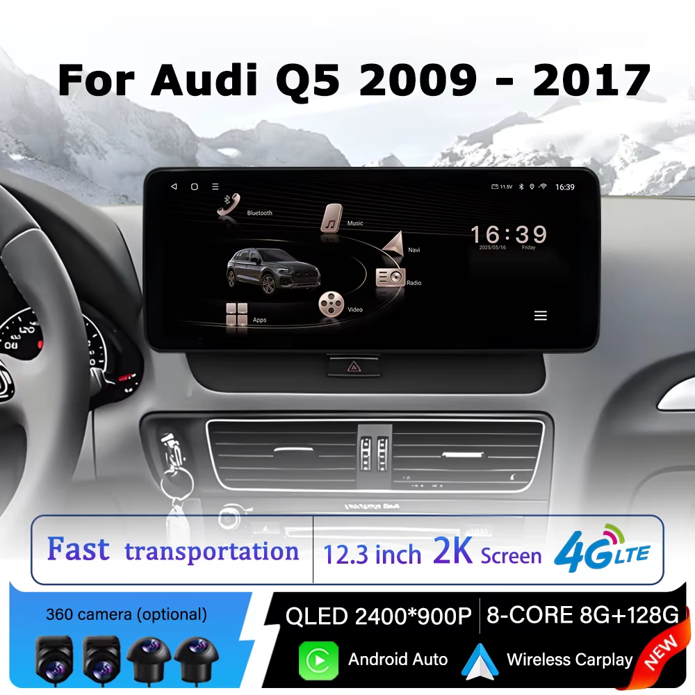 Android 14 pour Audi Q5 2009 -2017 autoradio intelligente multimédia QLED écran tactile DSP stéréo GPS Navi Bluetooth WiFi Carplay