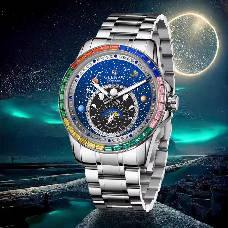 2025 nouveau GLENAW Design arc-en-ciel cercle montre mécanique hommes Constellation cadran veilleuse étanche haut de
