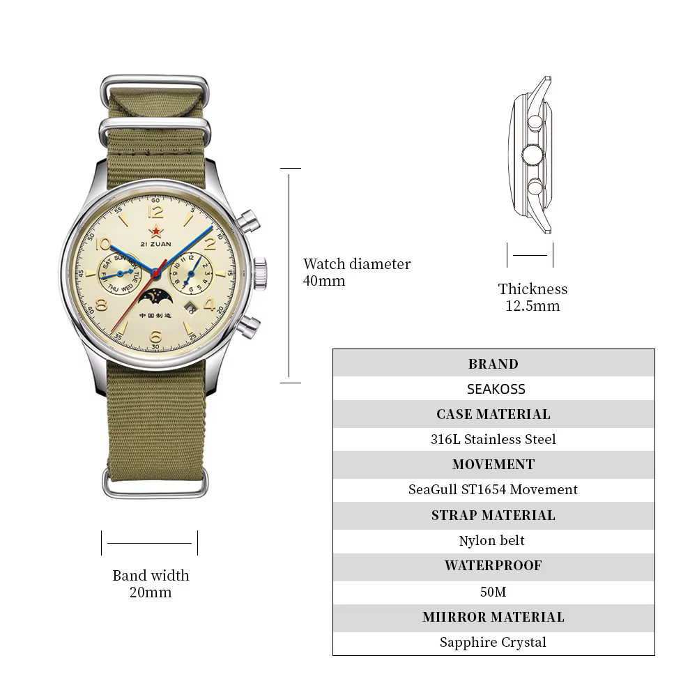 SEAKOSS 1963 Seagull ST1654 mouvement automatique montre-bracelet mécanique 24H affichage Air Force Aviation pilote calendrier montres pour hommes