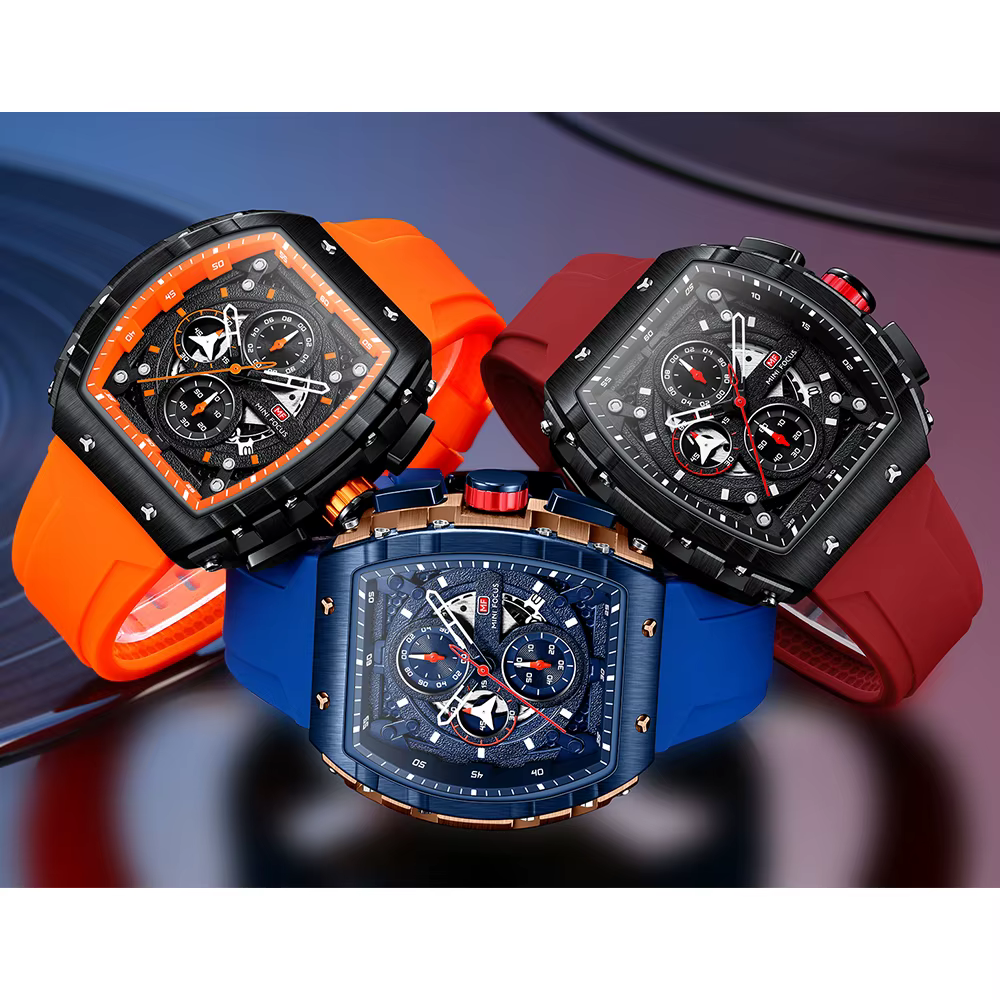 MINI FOCUS chronographe montre à Quartz pour hommes cadran Tonneau montre-bracelet de Sport militaire mâle avec bracelet en Silicone Orange Date automatique