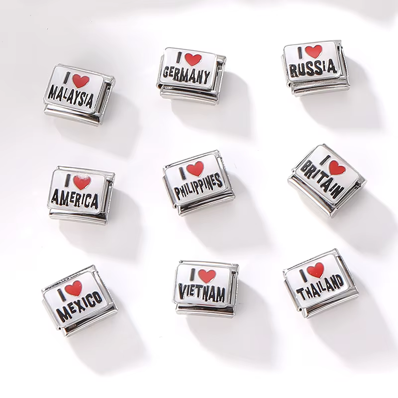 J'aime mexique, amérique, grande-bretagne, russie, cœur, breloque italienne, maillons adaptés au Bracelet en acier inoxydable de 9mm, pour hommes et femmes, bricolage, cadeaux