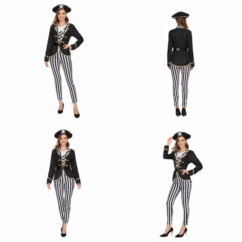 Costume de capitaine pirate pour femmes, pantalon rayé noir et blanc, tenue de cosplay pour Halloween, déguisement de carnaval, robe de fantaisie avec chapeau
