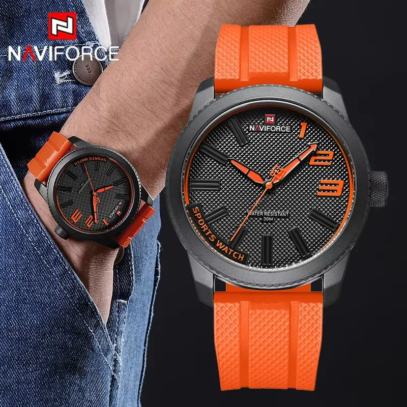 NAVIFORCE Top marque de luxe hommes montre-bracelet étanche homme montre Orange caoutchouc Sport militaire affaires Quartz mâle horloge cadeau 9202