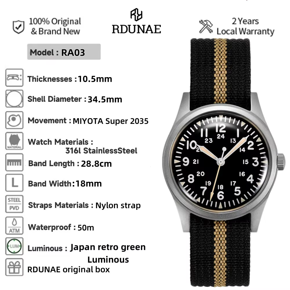 RDUNAE 2025 nouvelle montre à Quartz pour hommes MIYOTA Super 2035 RA03 34.5mm militaire étanche lumineux en acier inoxydable Reloj Hombre