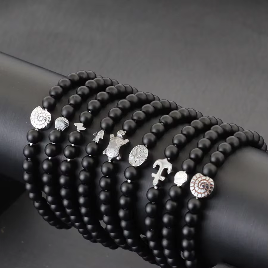 Marine Turtle Anchor Tree Of Life Beaded Bracelet For Men Women Handmade 6mm Black Stone Yoga Meditation Strand Braslet Pulsera