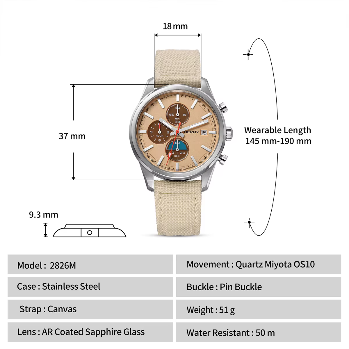 Montre chronographe BERNY pour femmes/hommes
