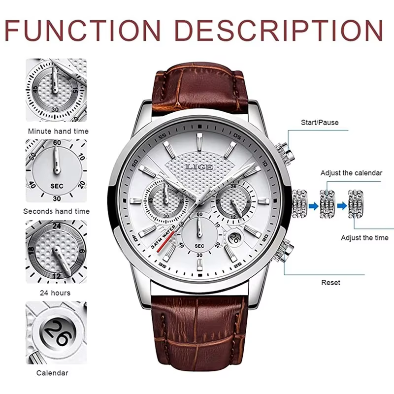 Montre à quartz en cuir étanche pour homme