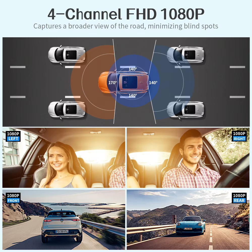 Moniteur de stationnement WiFi GPS 24h, caméra de tableau de bord pour enregistreur de conduite de voiture, 4 objectifs FHD 1080P DashCam, tachygraphe de Vision nocturne 64 go 360 °   DVR de voiture
