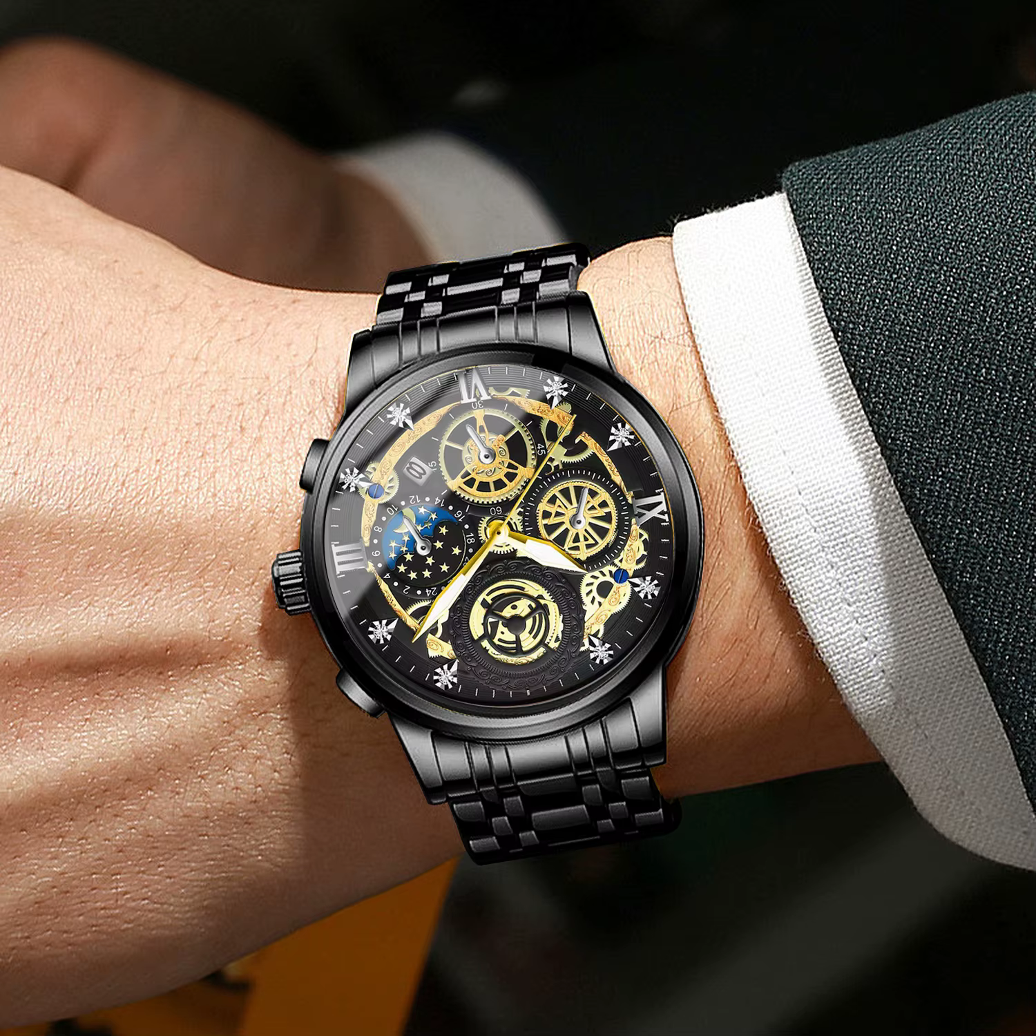BINBOND luxe Quartz pour hommes montre bracelet en acier inoxydable cadran