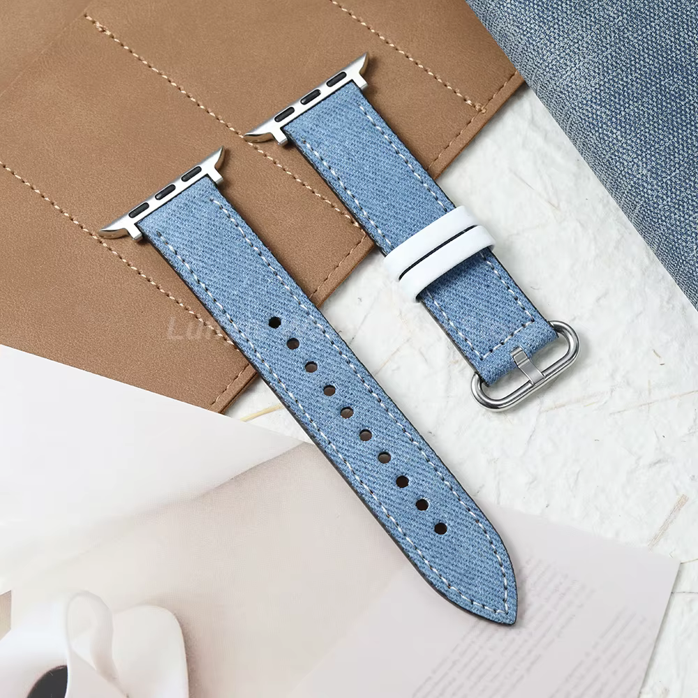 Bracelet de montre pour femme en denim et cuir pour Apple Watch Ultra 11 10 9 8 7 6 5 4 pour IWatch 38mm 41mm 42mm 45mm 46mm 49mm