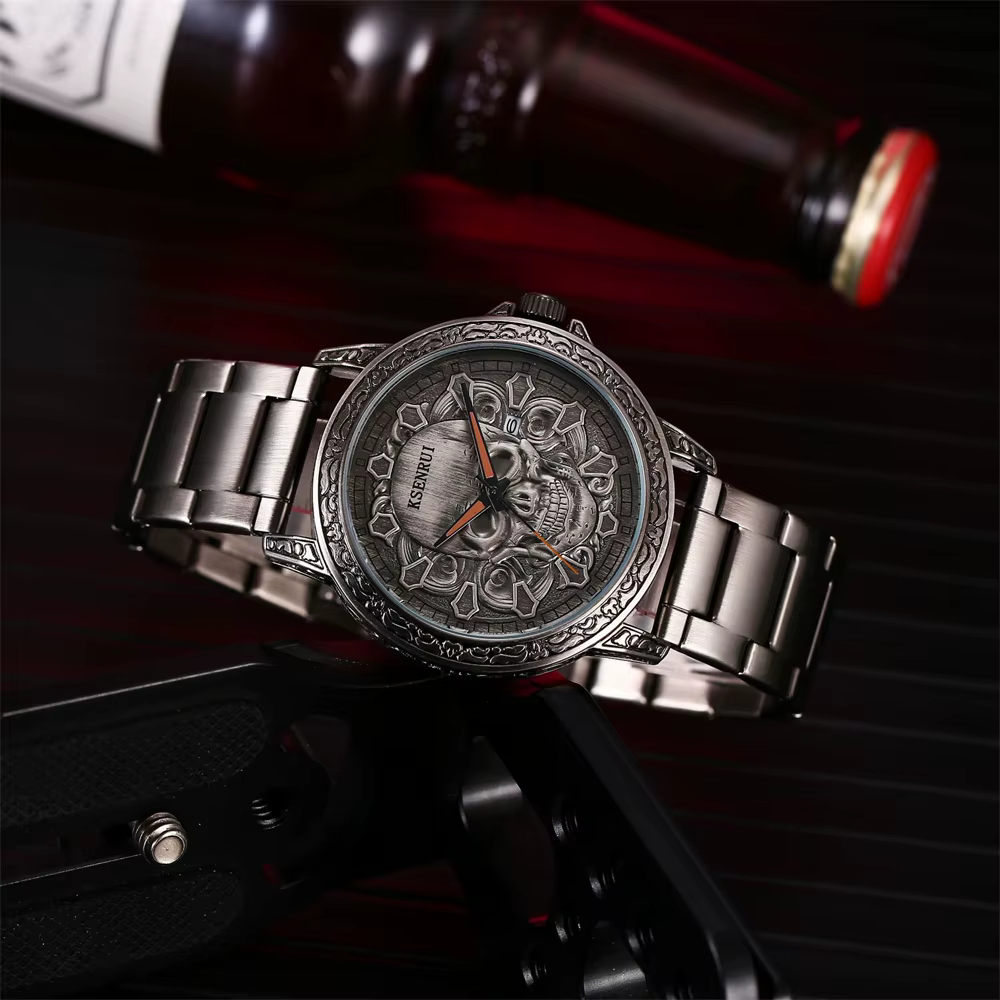 Cool hommes montre crâne visage conception mode acier bracelet en cuir rétro