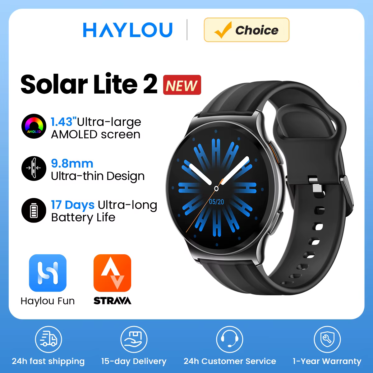 HAYLOU Solar Lite 2 Smartwatch 1.43 ''AMOLED affichage 24h surveillance de la santé plus de 150 Modes sportifs appel vocal montre intelligente 1ATM