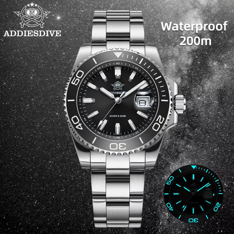 ADDIESDIVE nouvelle montre de plongée de luxe pour hommes AD2510 41mm BGW9 cadran en émail lumineux couronne à visser bracelet en acier inoxydable Durable