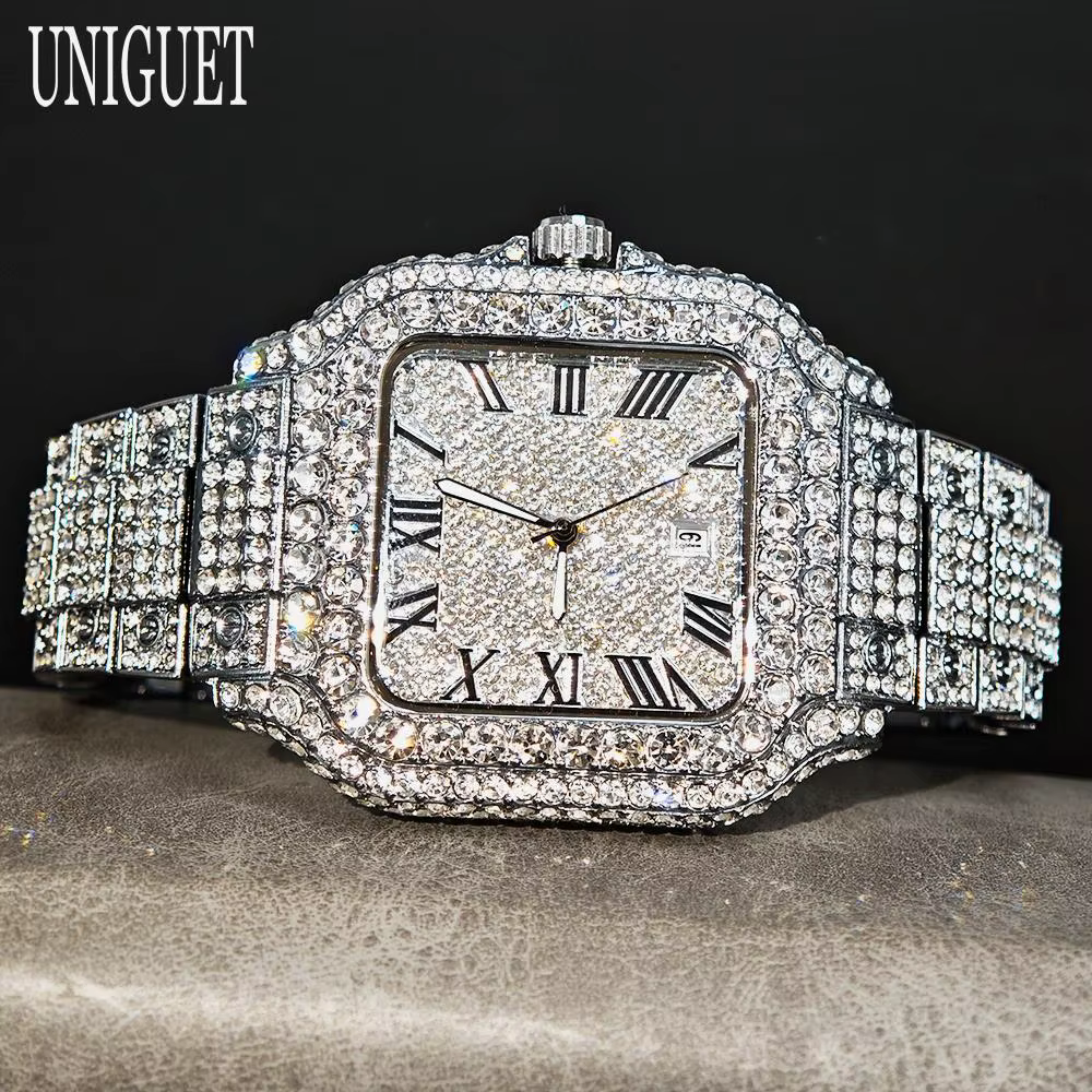 UNIGUET offre spéciale montre glacée de luxe pour homme mode montres carrées hommes Hip Hop diamant Bling bijoux montre-bracelet Reloj Hombre