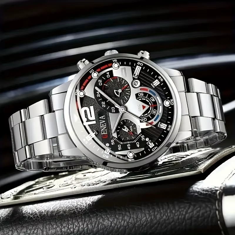 Ensemble de montre à quartz pour hommes 8 pièces, avec un cadran circulaire noir, un bracelet, un collier et une bague