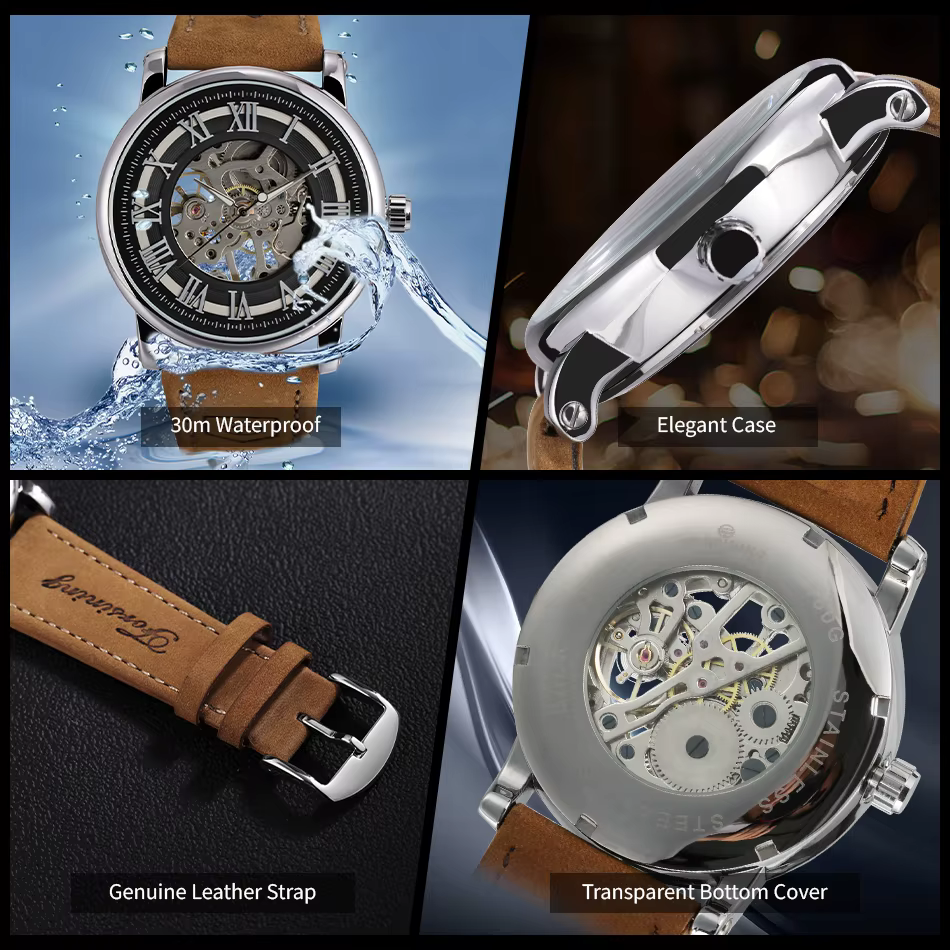 FORSINING Original acier squelette mécanique homme montre mouvement manuel horloge étanche en cuir de luxe Vintage hommes montres
