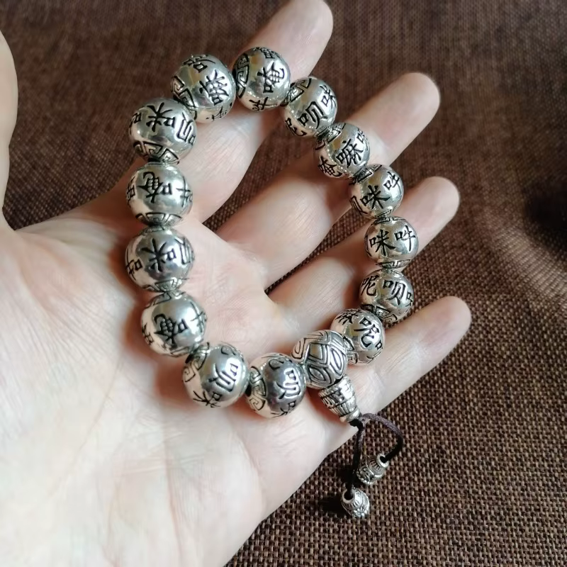 Bracelet Mala Bouddhiste Om Mani Sculpté, Style Argent Tibétain Vintage, Bracelet Perlé avec Mantra à Six Syllabes