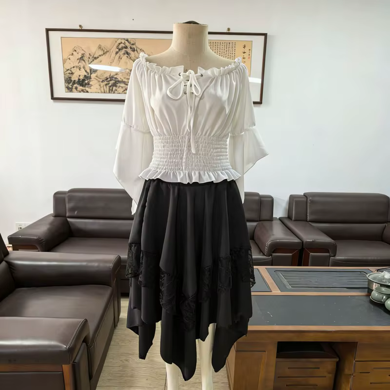 Costume de pirate Renaissance pour femmes, ensemble 3 pièces, chemisier, corset, ceinture, jupe asymétrique en dentelle, déguisement d'Halloween, tenue médiévale