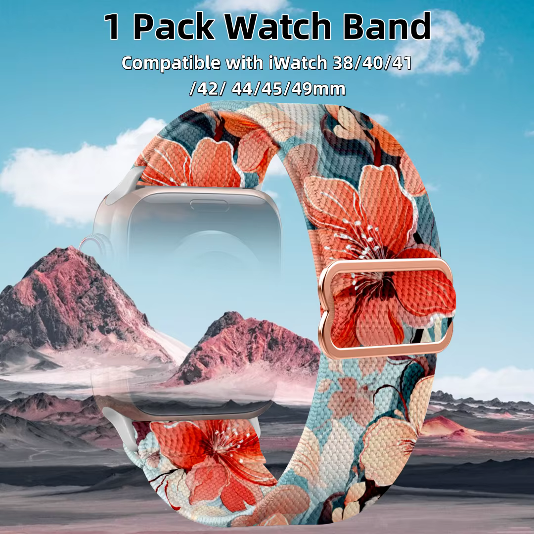 Bracelet Nylon à Motif Fleuri Peint pour Apple Watch 38-49mm - Sangle Respirante avec Fermoir Coulissant en Acier Inoxydable (Séries 3-10/SE/Ultra/Ultra2)