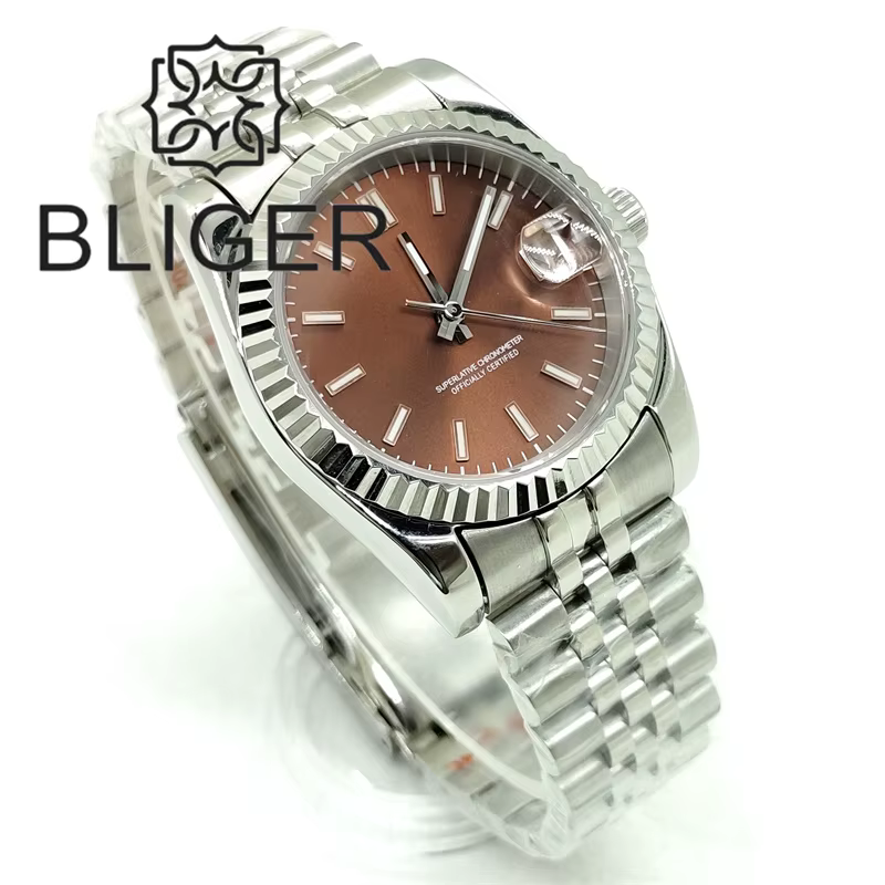 BLIGER 36mm/39mm Sunburst cadran marron montre NH35 lunette cannelée saphir cristal Rose bord bâtons Index jubilé Bracelet étanche