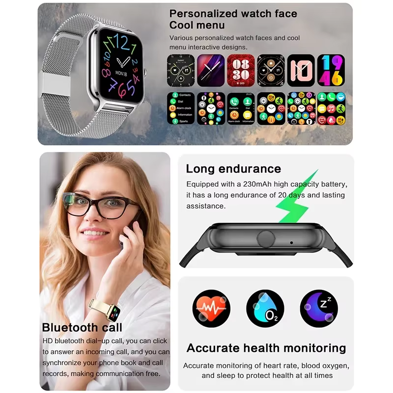 2025 montre intelligente femmes 2.01 "écran tactile complet traqueur de fréquence cardiaque Bluetooth appel étanche