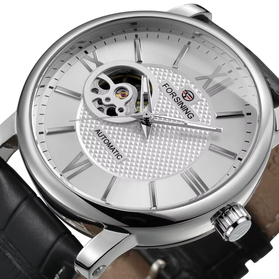 Forsining mode squelette montre mécanique pour hommes cadran bleu ceinture en cuir affaires automatique