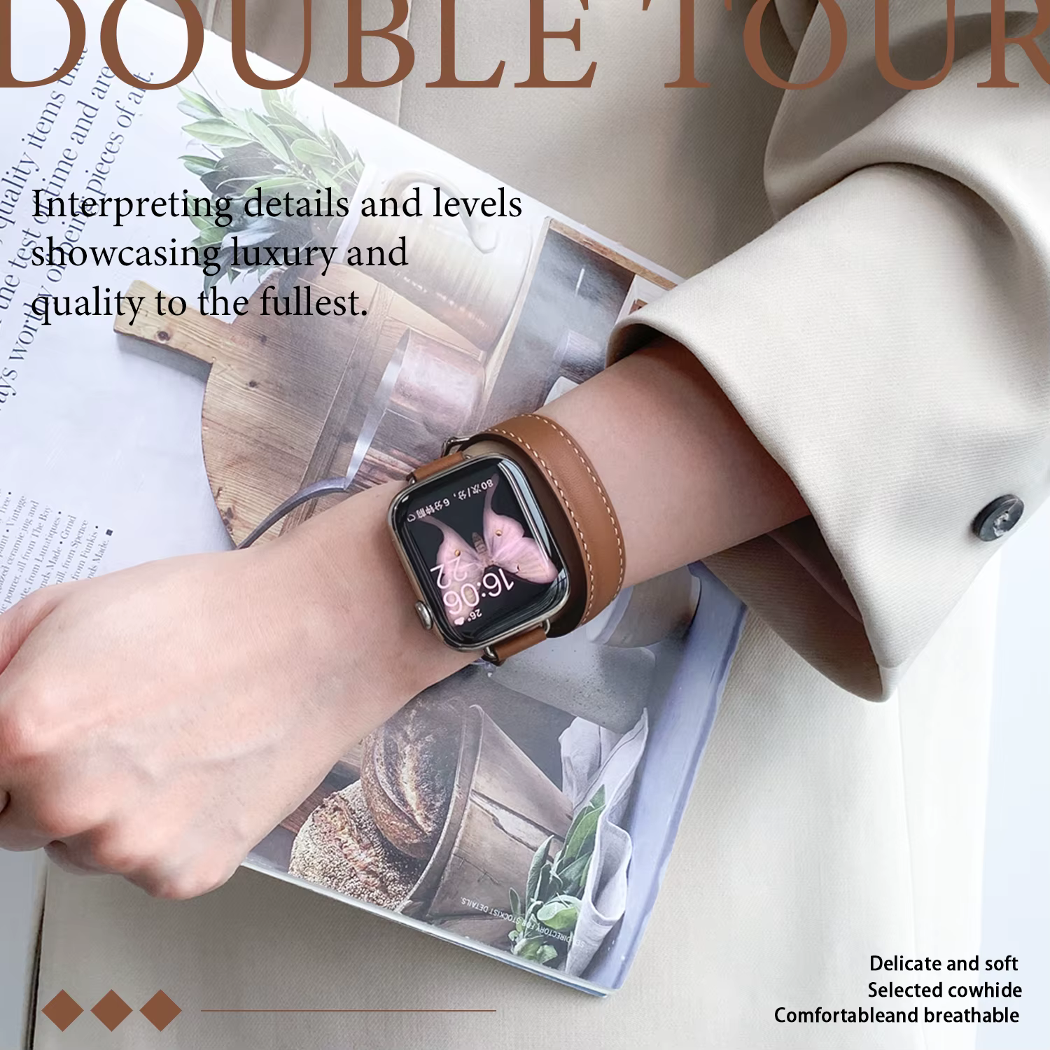 2025 nouveau bracelet en cuir de vache Double Tour pour Apple Watch Ultra 3 2