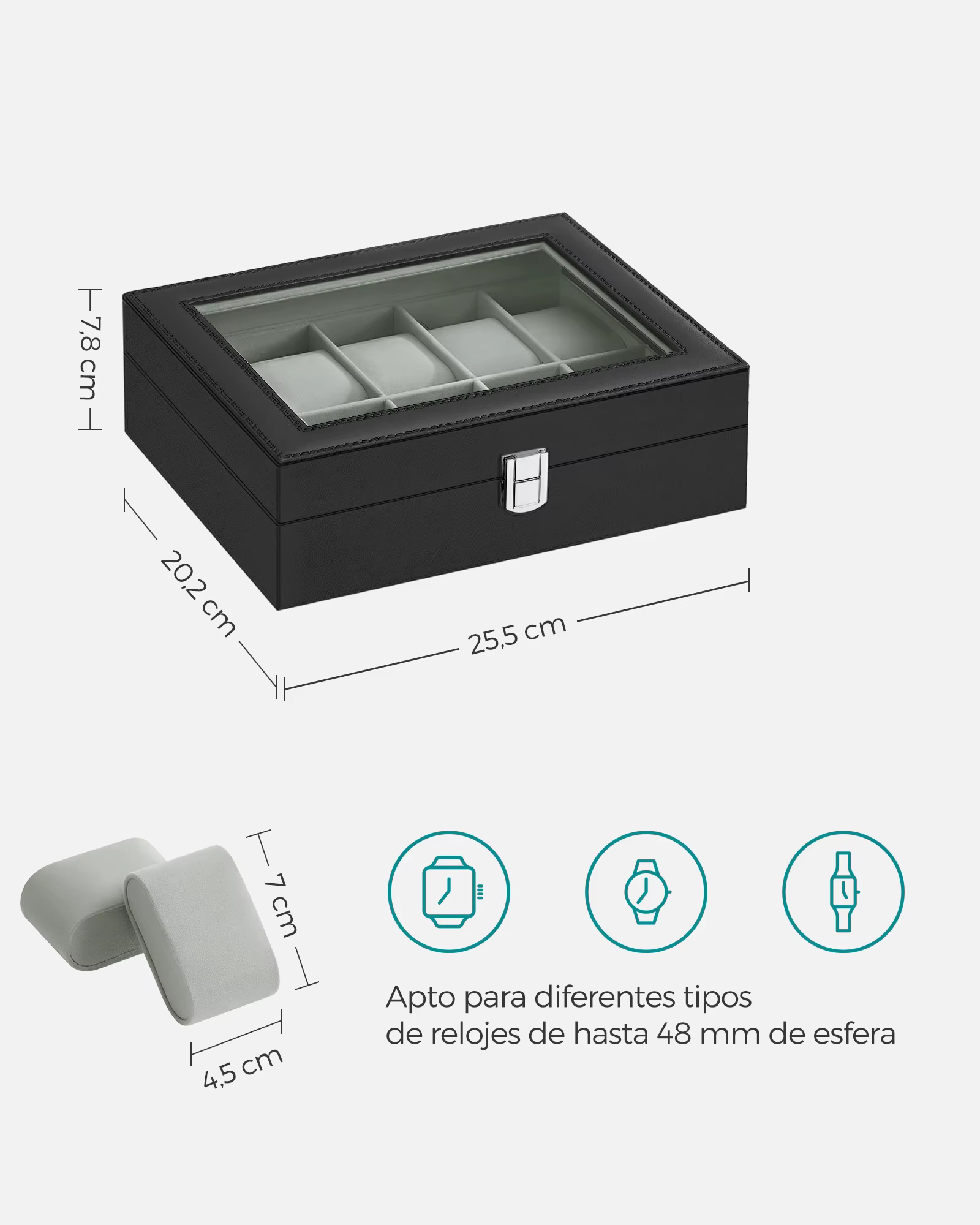 Boîte de présentation de montres à 10 compartiments avec couvercle en verre transparent