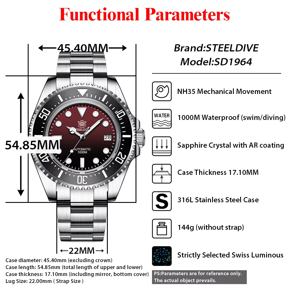 STEELDIVE 1000M étanche 45.4MM grande montre fantôme d'eau pour hommes Super BGW9
