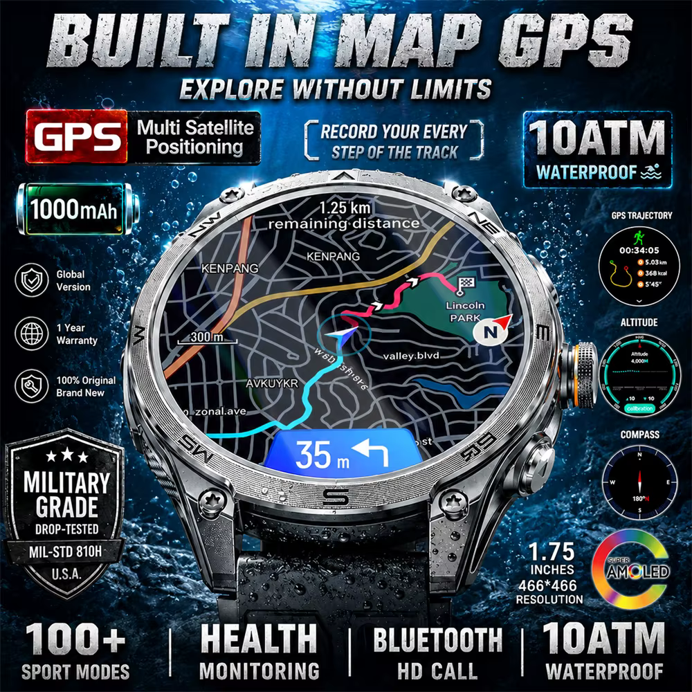 Montre connectée GPS avec carte intégrée de qualité militaire