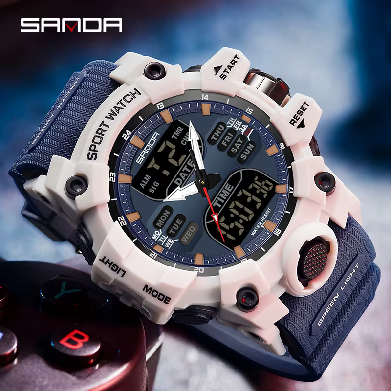 SANDA hommes montres de sport double affichage analogique numérique LED électronique