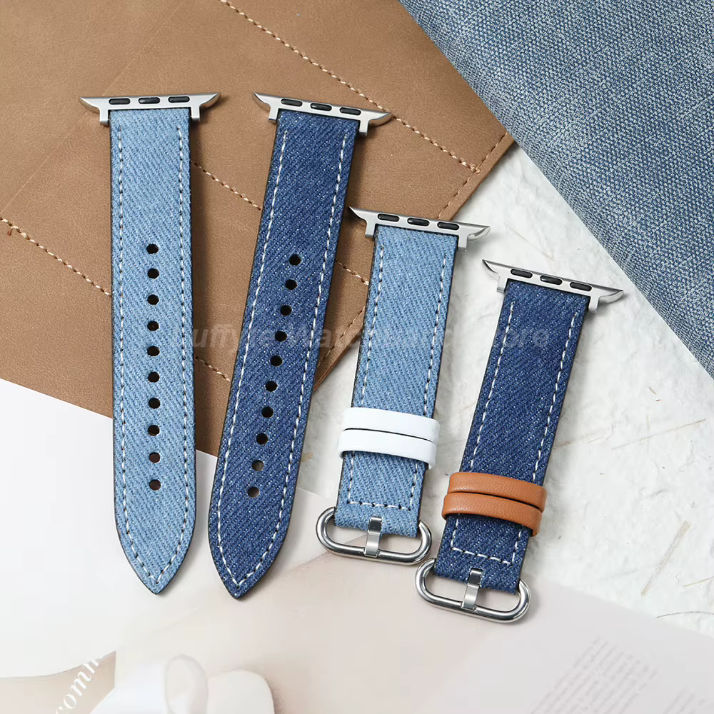 Bracelet de montre pour femme en denim et cuir pour Apple Watch Ultra 11 10 9 8 7 6 5 4 pour IWatch 38mm 41mm 42mm 45mm 46mm 49mm