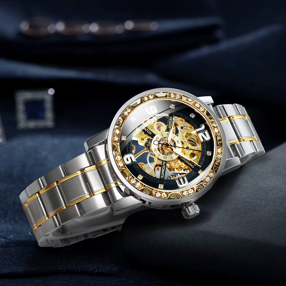 Forsining montres mécaniques de luxe aiguilles lumineuses montre squelette rétro en or pour hommes bracelet en acier