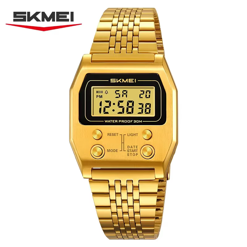 SKMEI 2460 montre numérique étanche pour hommes en acier inoxydable Sport luxe rétro LED électronique