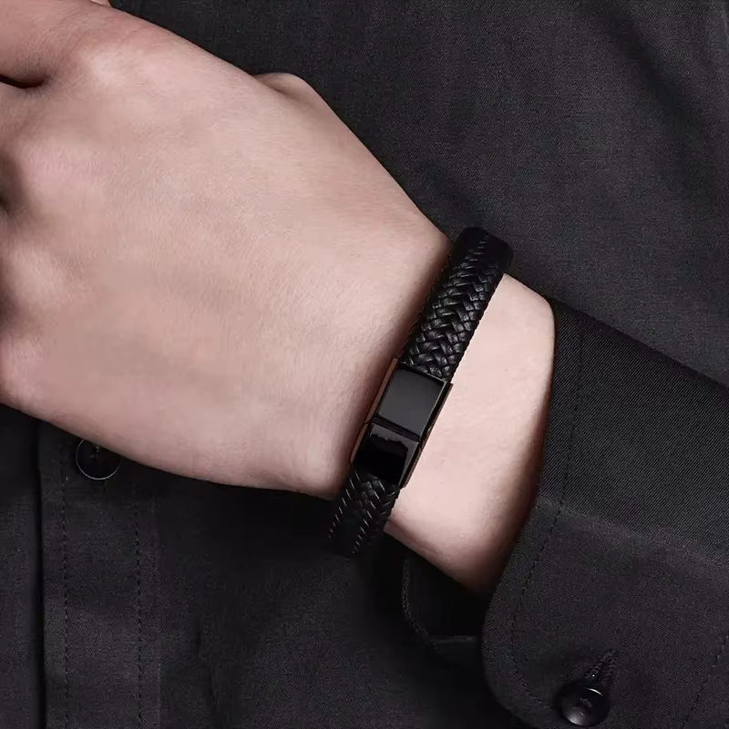 Bracelet magnétique en cuir PU noir pour hommes