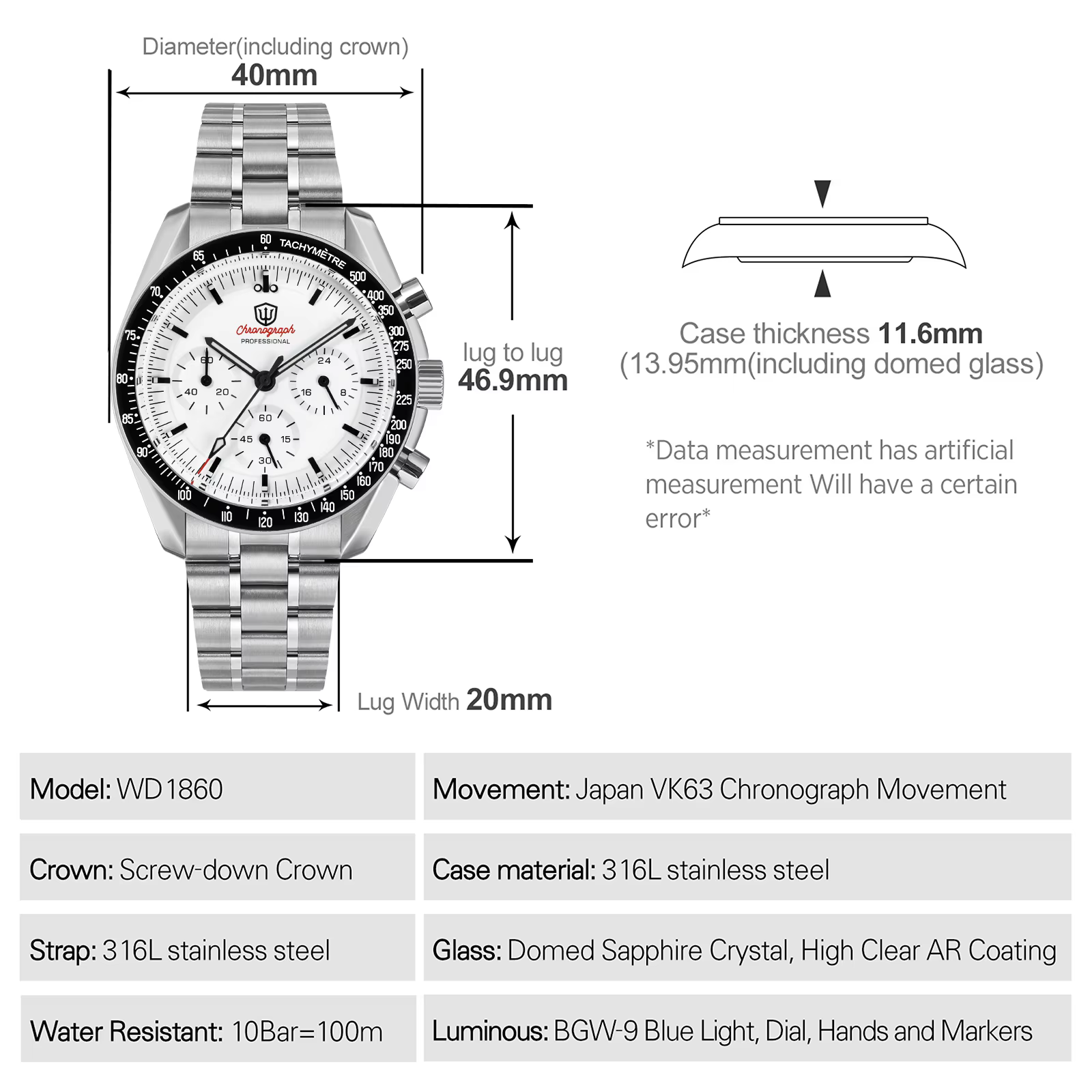 Watchdives WD1860 montres chronographe de sport VK63 montre-bracelet à Quartz Ar saphir Bgw9 acier inoxydable 200M étanche 40Mm montre