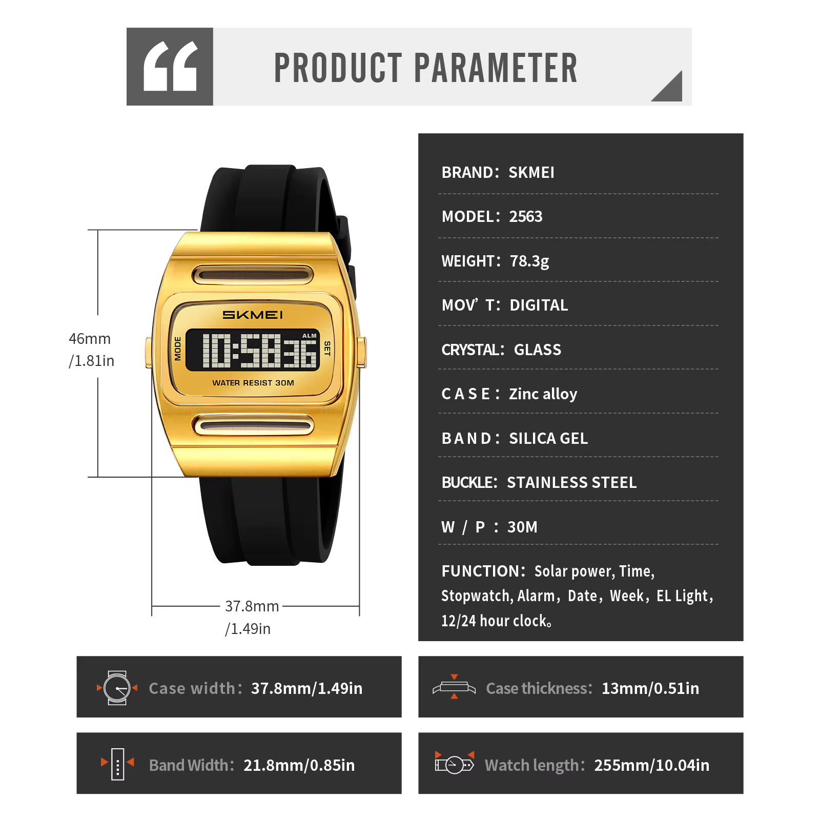 Montre numérique à énergie solaire pour homme SKMEI – Boîtier carré doré rétro