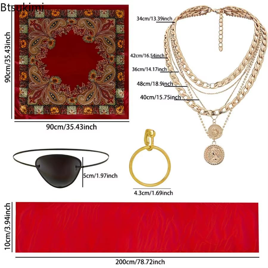 Accessoires de costume de pirate médiéval et de la Renaissance pour femmes et hommes, ensemble vintage de foulard, ceinture, collier et bracelet, tenue de fête d'Halloween