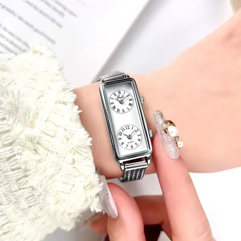 Femmes montre à Quartz de luxe double temps 2 mouvement horloge en acier inoxydable Reloj Mujer Rectangle Orologio filles or argent montre-bracelet