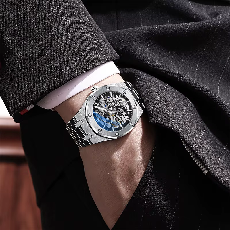 CHENXI haut de gamme évider entièrement automatique montres mécaniques pour hommes argent noir bracelet en acier inoxydable montre pour homme 2025