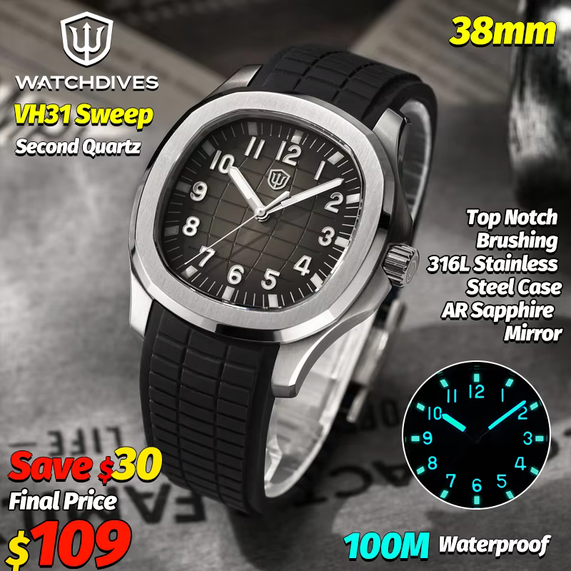 Watchdives WD008 Montre carrée 38 mm Vh31 à mouvement à quartz continu
