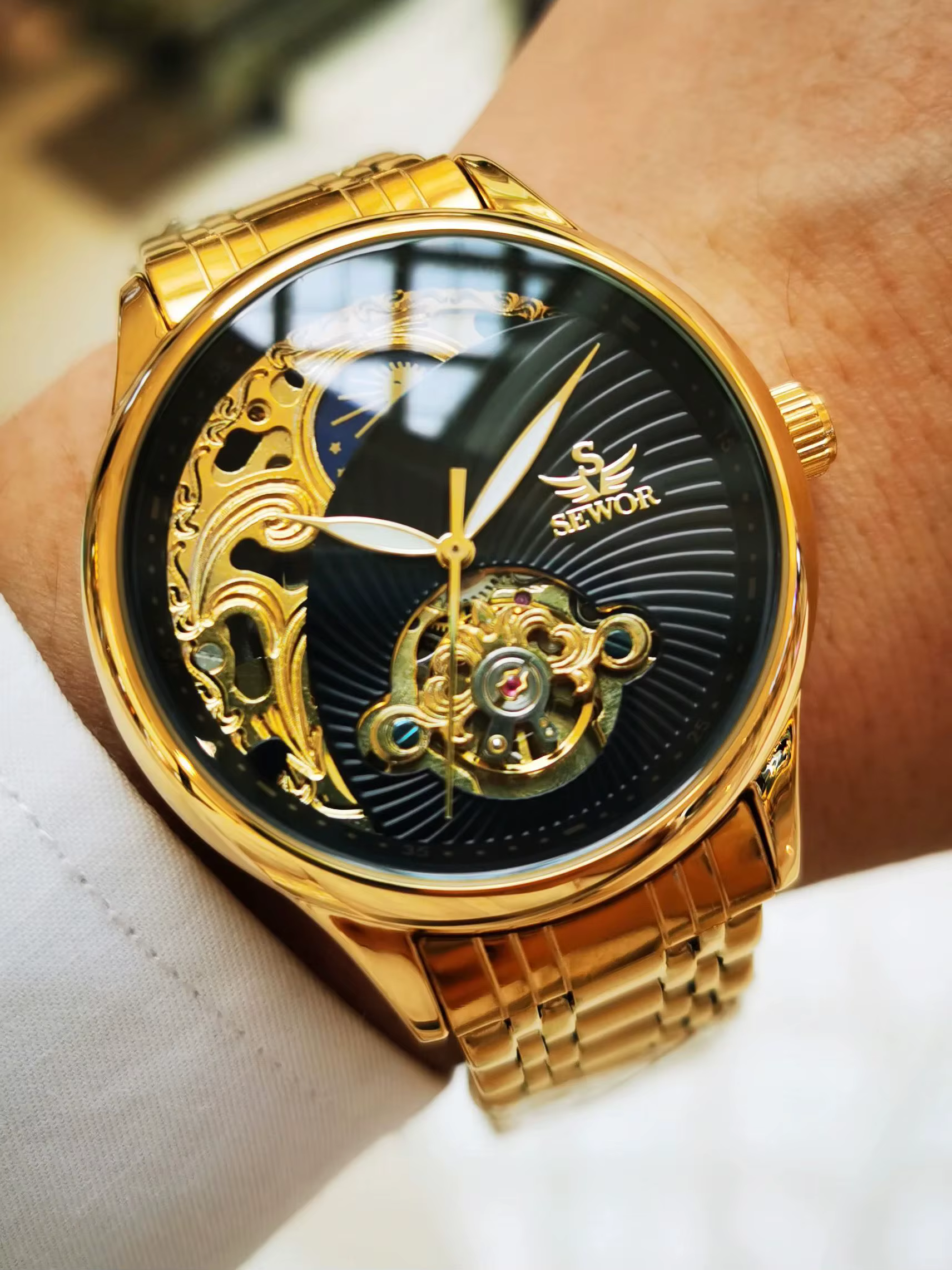 AOKULASIC or squelette montre pour hommes rétro Phase de lune Tourbillon automatique montres mécaniques de luxe en acier inoxydable bande lumineuse