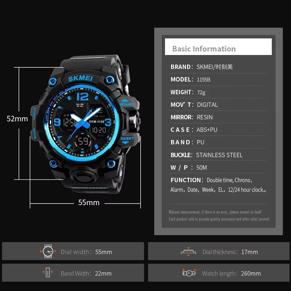 SKMEI 1155B 5Bar étanche double affichage montres Relogio Masculino montre Sport hommes militaire